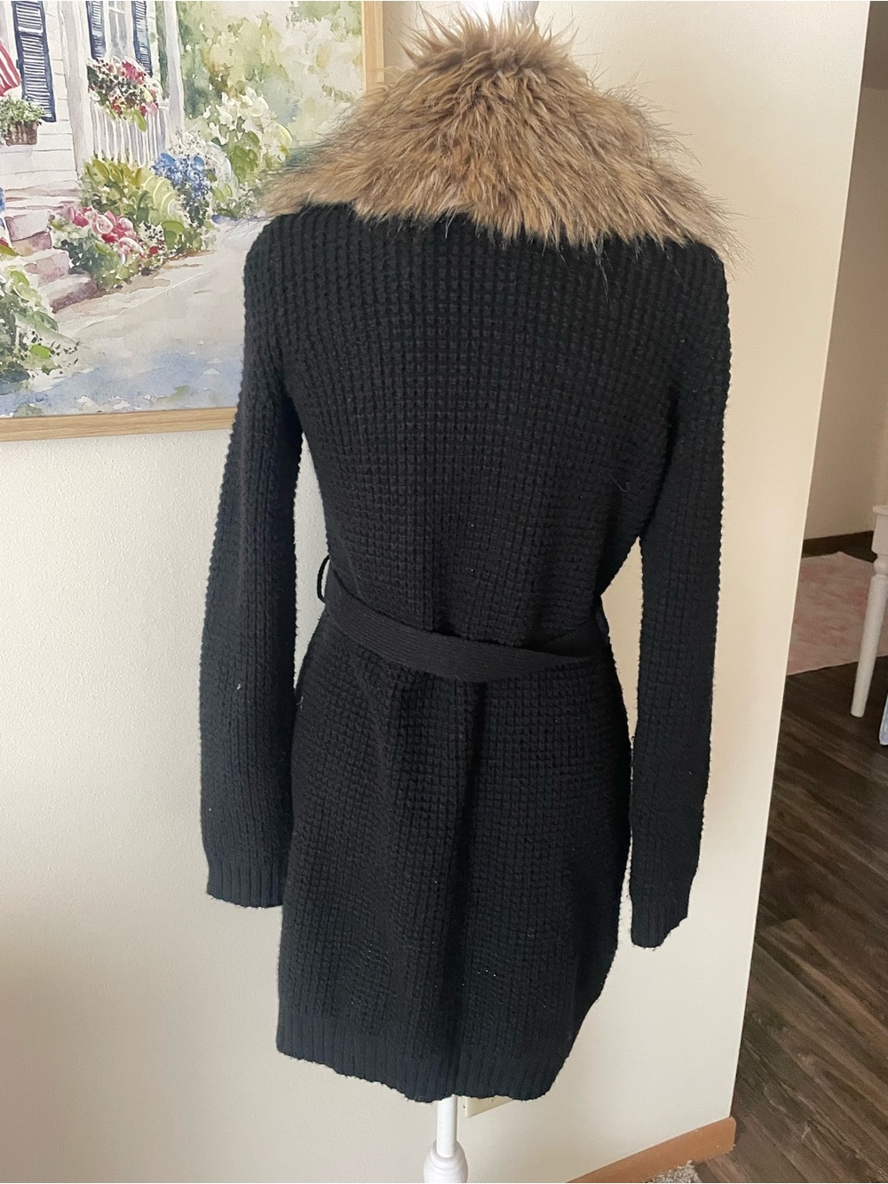 Ralph Lauren Vintage Faux Fur Collar Belted Duster Cardigan Sweater Black Small - Picture 4 of 4